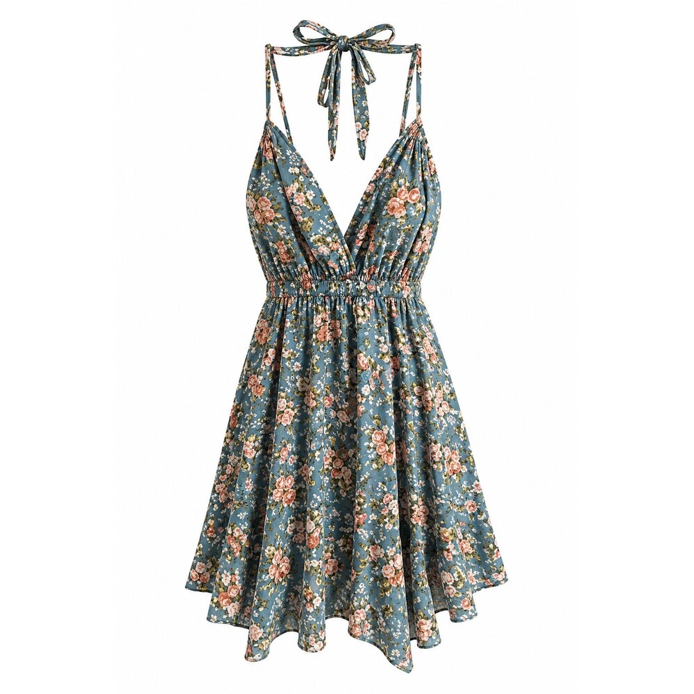 Floral Halter Mini Dress Backless V Neck Cottagecore Boho Summer Women Size L